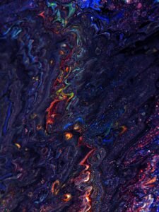 Colorful abstract painting with swirling textures and glittering details.